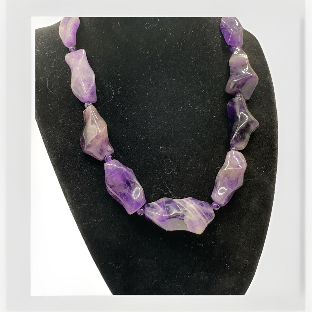 Chunky Polished Amethyst Nugget Necklace Sterling Clasp Purple White Striped 17"